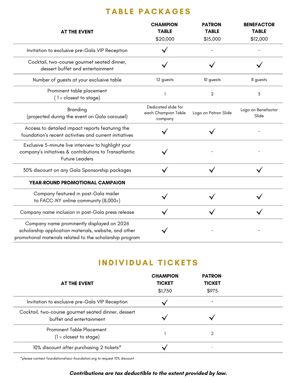 2026 Foundation Gala table packages and individual ticket options